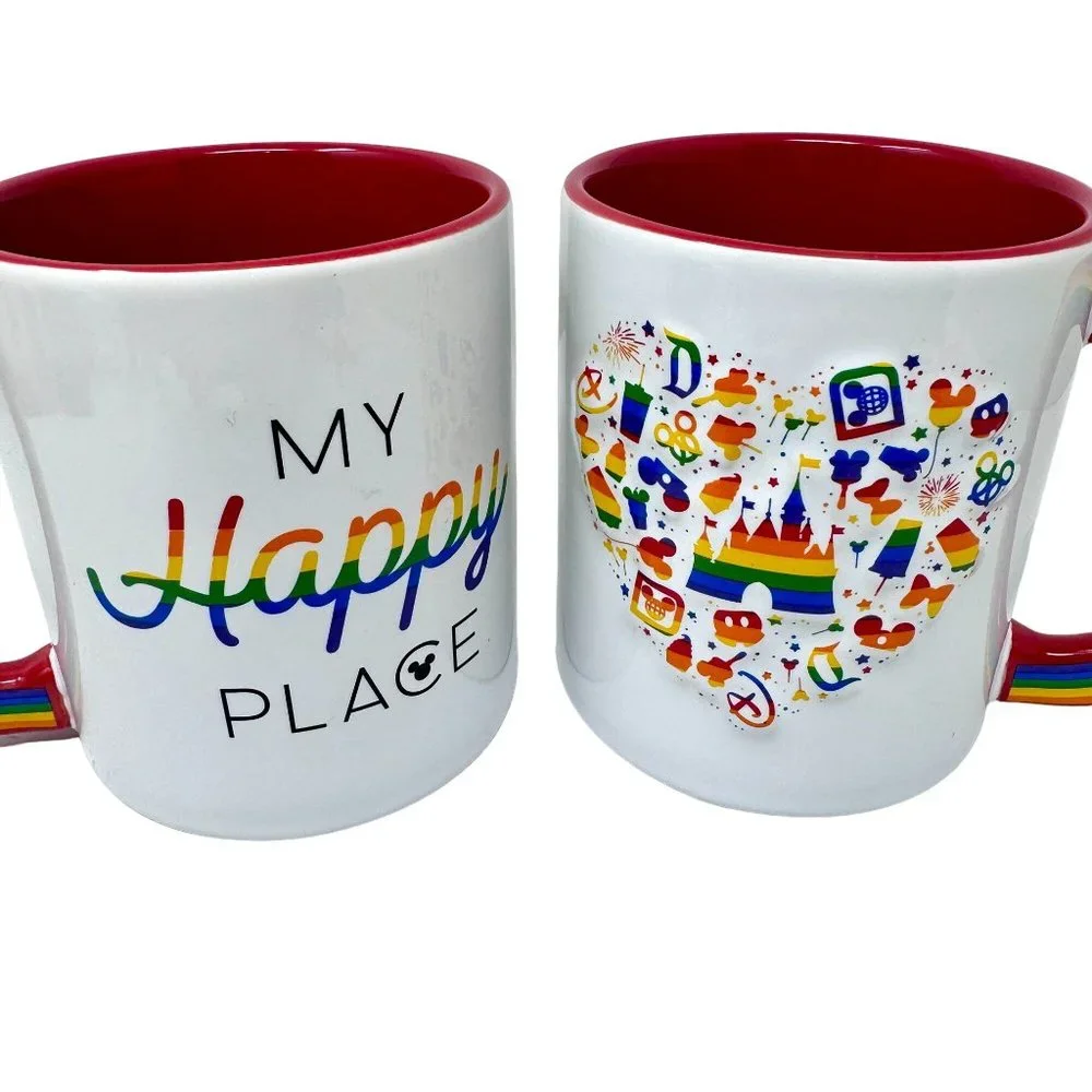 Pair of Disney Parks MY HAPPY PLACE Rainbow Mug Coffee Cup Disneyland 2020 PRIDE